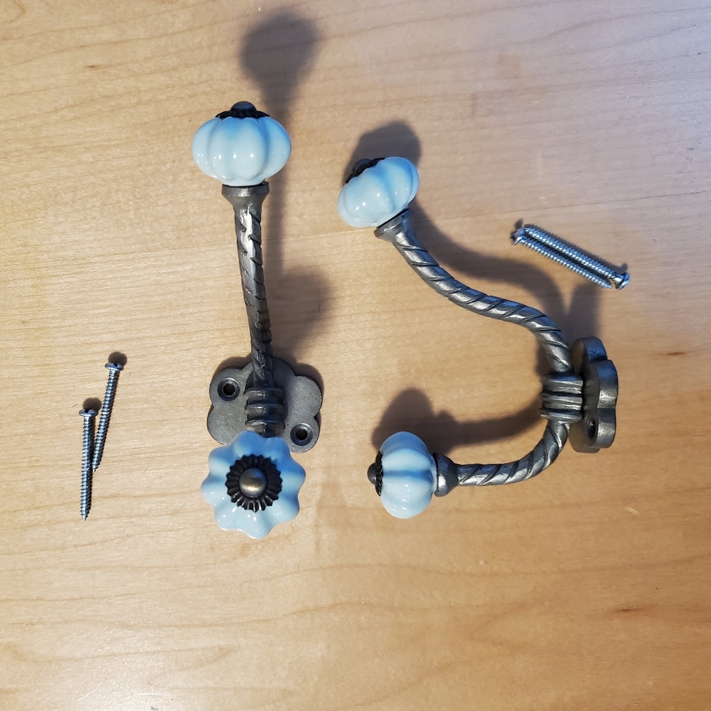 2 Blue & Silver Metal Flower Coat/Purse Wall Hooks